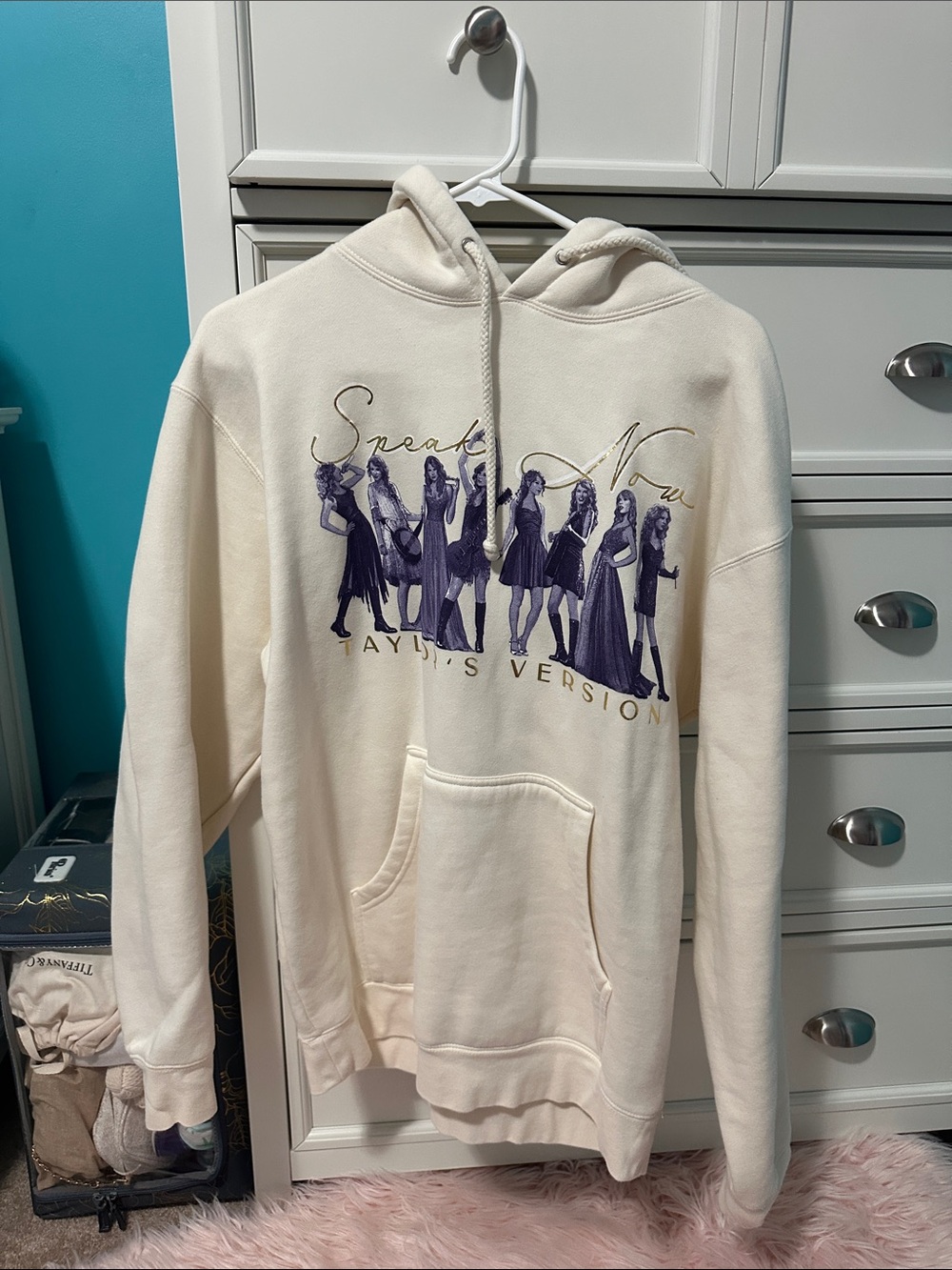 Taylor Swift Cream "Speak Now" Graphic Hoodie with Purple Print